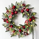 National Tree Company 24 in Pre-Lit Crestwood Spruce Artificial Christmas Wreath, Christmas Decoration with Glitter, Pinecones, Red Berries, 50 Clear LED Lights, 160 Tips, Timer, Green