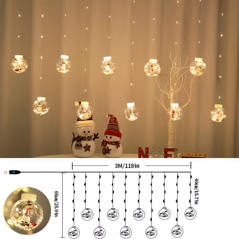 LED Christmas Curtain Lights with Snowman and Wishing Ball for Decor
