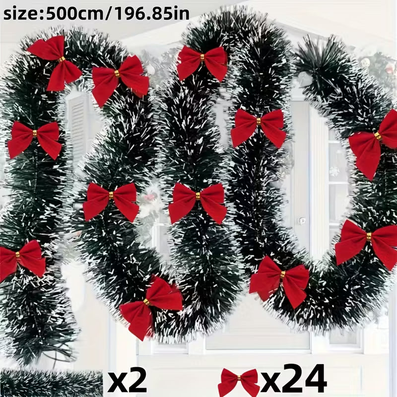 2pcs 393.7 Inch Christmas Garland with Red Bow and Snowflake Decor