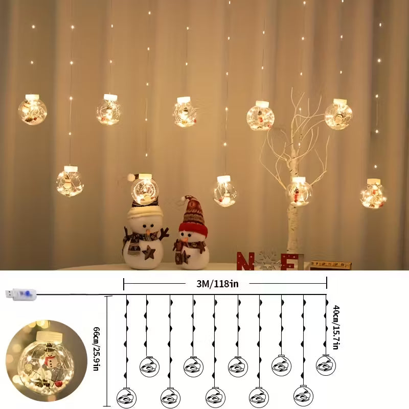 LED Christmas Curtain Lights with Snowman and Wishing Ball for Decor