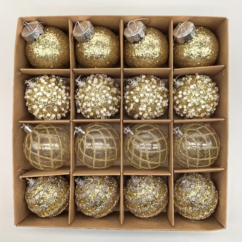 Set of 16 Champagne Christmas Balls for Tree and Holiday Decorations