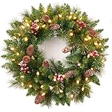 National Tree Company 24 in Pre-Lit Crestwood Spruce Artificial Christmas Wreath, Christmas Decoration with Glitter, Pinecones, Red Berries, 50 Clear LED Lights, 160 Tips, Timer, Green