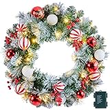 National Tree Company 24 in Pre-Lit Crestwood Spruce Artificial Christmas Wreath, Christmas Decoration with Glitter, Pinecones, Red Berries, 50 Clear LED Lights, 160 Tips, Timer, Green