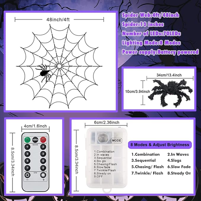 4FT Halloween Spider Web Lights with 70 LED & Remote