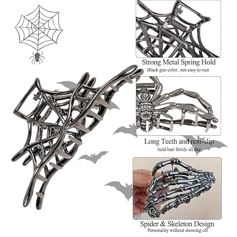 3PCS Gothic Hair Claw Clips – Black Spider Web