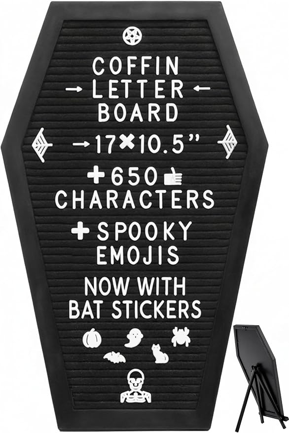 Nomnu Coffin Letter Board – 17" Gothic Felt Sign with 3D Bat Stickers