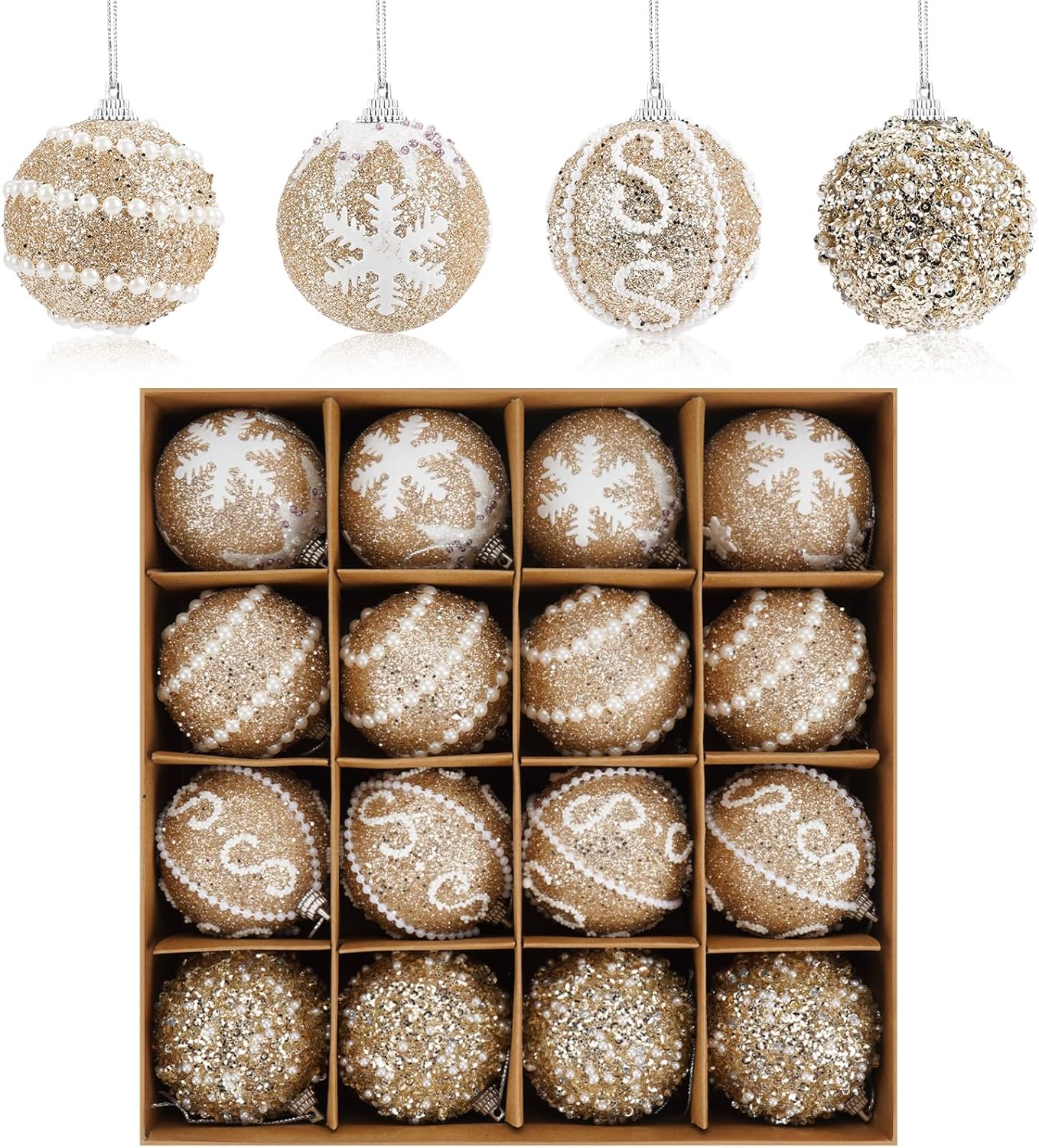 Set of 16 Champagne Christmas Balls for Tree and Holiday Decorations