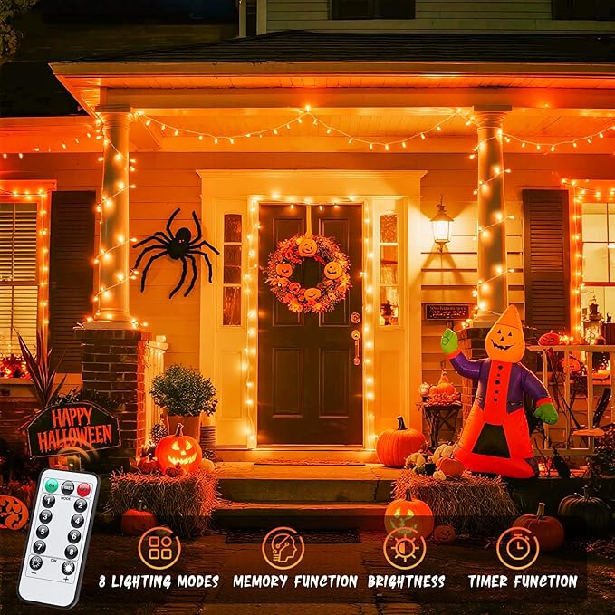 33FT Orange Halloween String Lights – 100 LED Battery Operated Waterproof Lights with Remote