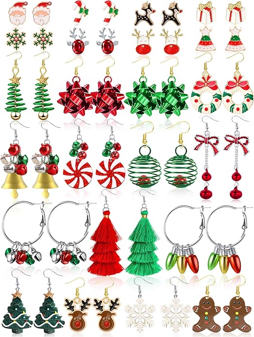 23 Pairs Christmas Earrings for Women Xmas Holiday Dangle Earrings Christmas Stud Tree Snowflake Bow Bells Light Earrings Bulk Cute Christmas Party Jewelry Gifts