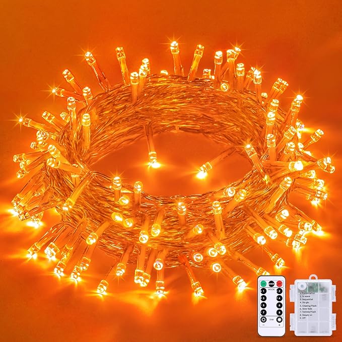 33FT Orange Halloween String Lights – 100 LED Battery Operated Waterproof Lights with Remote