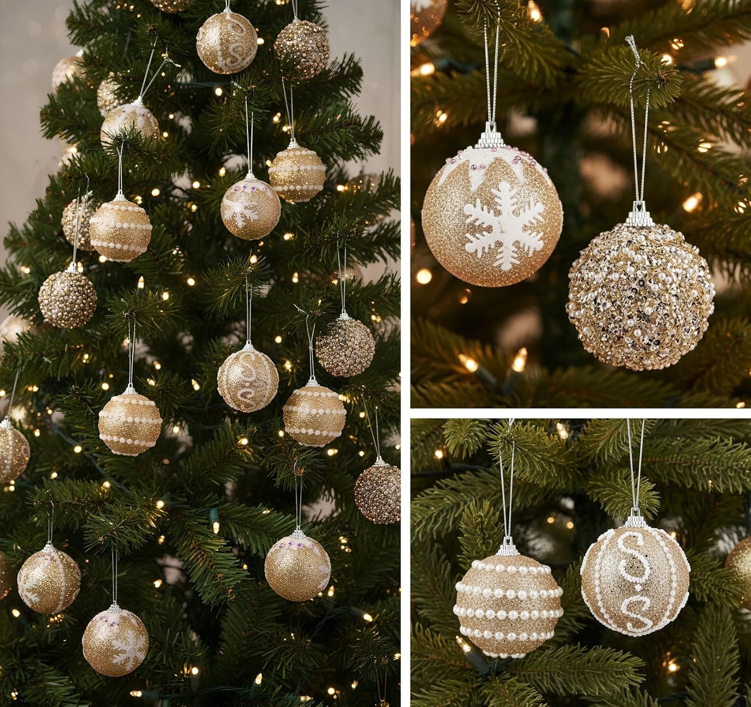 Set of 16 Champagne Christmas Balls for Tree and Holiday Decorations