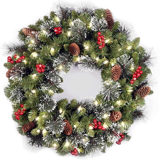 National Tree Company 24 in Pre-Lit Crestwood Spruce Artificial Christmas Wreath, Christmas Decoration with Glitter, Pinecones, Red Berries, 50 Clear LED Lights, 160 Tips, Timer, Green