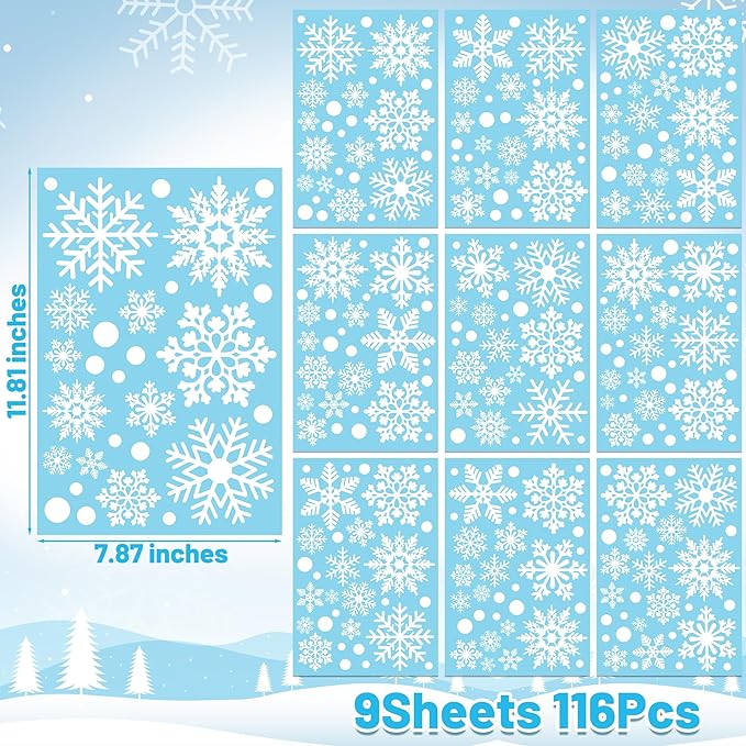 Christmas Decorations, 9 Sheets Christmas Window Clings, Snowflake Window Clings Decals, Double Sided Xmas Snowflake Decal Stickers for Winter Holiday Home Indoor Decorations Decor Supplies